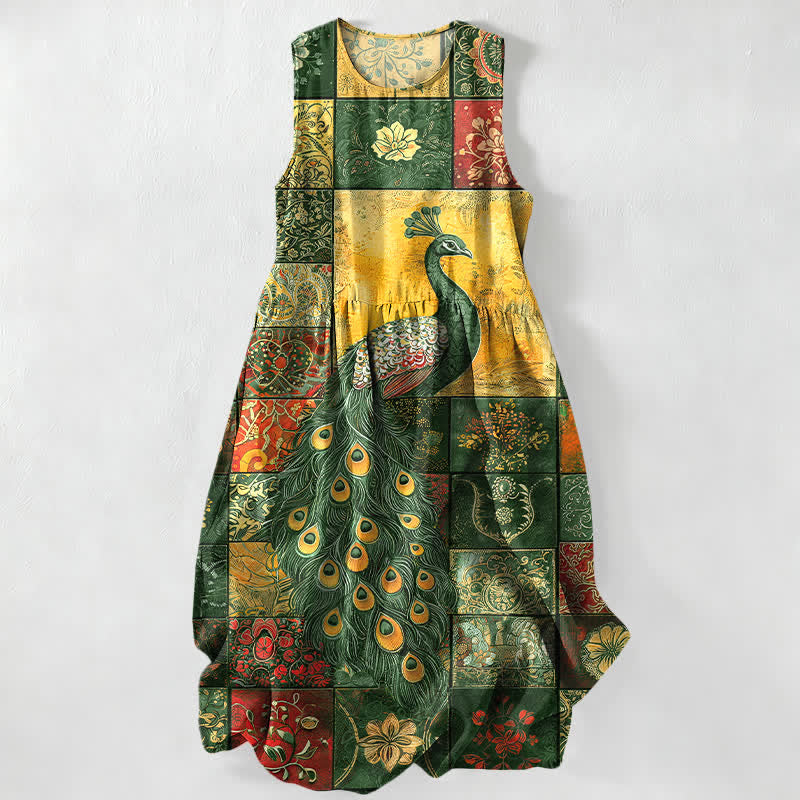 Buddha Stones Robe midi d'été décontractée pour femme, sans manches, à motif patchwork paon, avec poches - Vert forêt - US16，UK/AU20，EU48 (3XL) - image 5