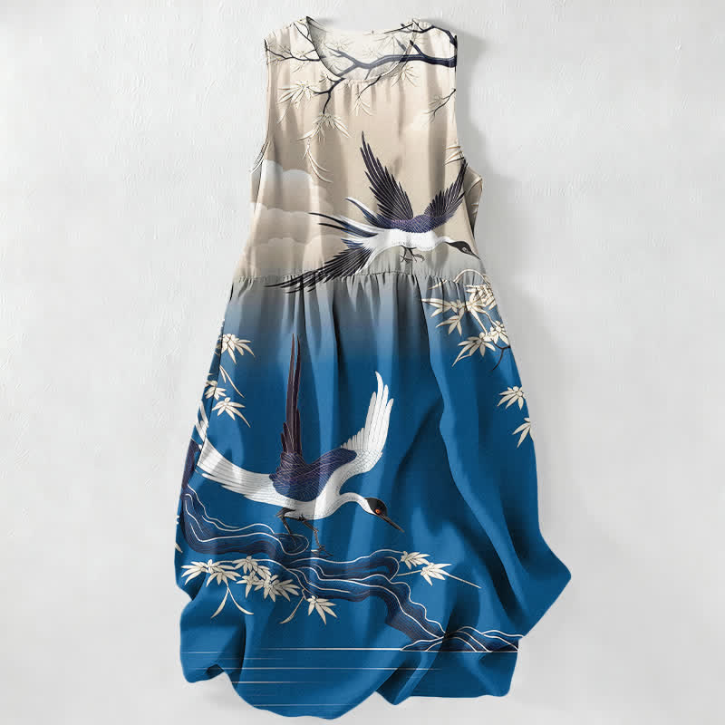 Buddha Stones Robe midi d'été décontractée pour femme, motif grue et bambou, sans manches et avec poches - Bleu royal - US16，UK/AU20，EU48 (3XL) - image 0