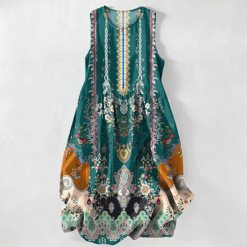 Buddha Stones Robe midi d'été décontractée et vintage à motif floral vintage avec médaillons et feuilles, sans manches et avec poches. - Sarcelle - US16，UK/AU20，EU48 (3XL) - image 0