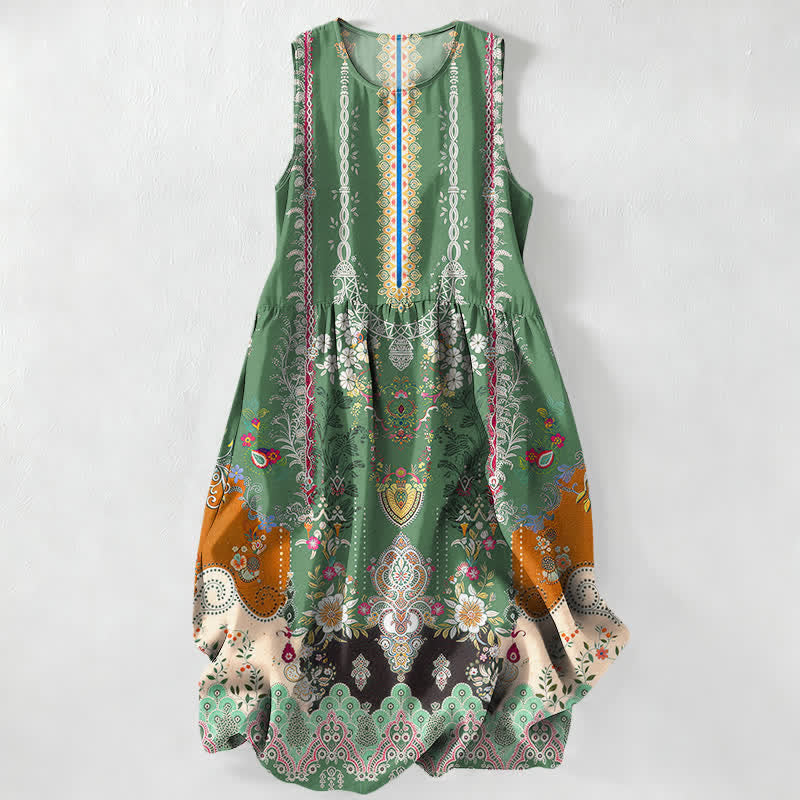 Buddha Stones Robe midi d'été décontractée et vintage à motif floral vintage avec médaillons et feuilles, sans manches et avec poches. - Vert forêt - US16，UK/AU20，EU48 (3XL) - image 4