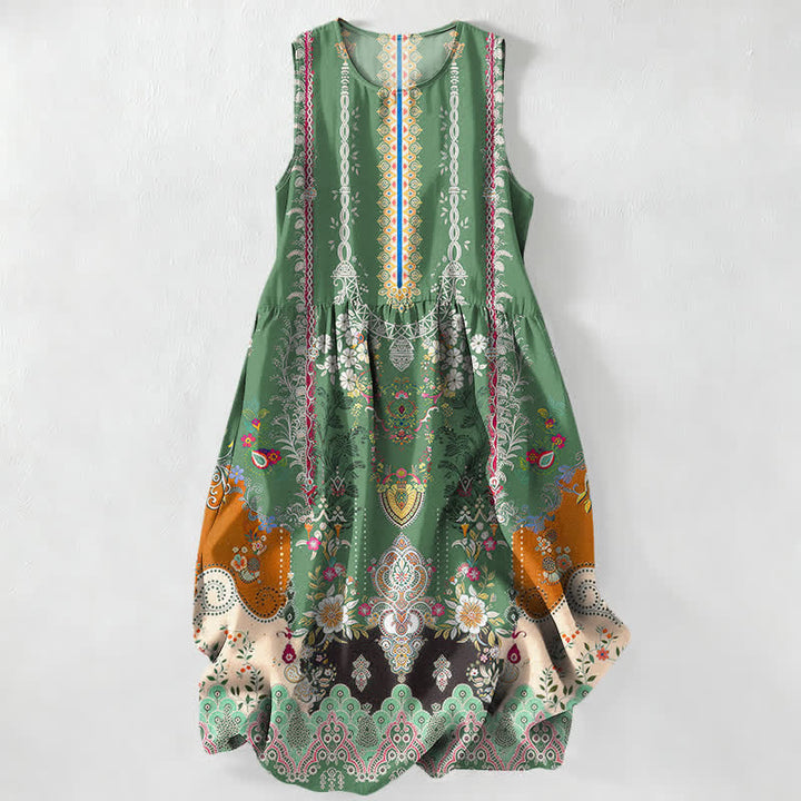 Buddha Stones Robe midi d'été décontractée et vintage à motif floral vintage avec médaillons et feuilles, sans manches et avec poches. - Vert forêt - US16，UK/AU20，EU48 (3XL) - image 4