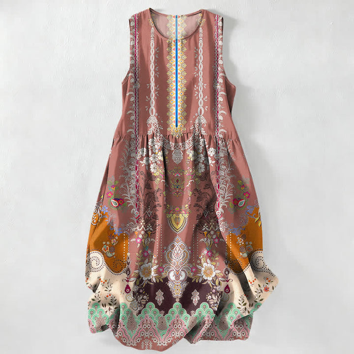 Buddha Stones Robe midi d'été décontractée et vintage à motif floral vintage avec médaillons et feuilles, sans manches et avec poches. - Rose clair - US16，UK/AU20，EU48 (3XL) - image 5