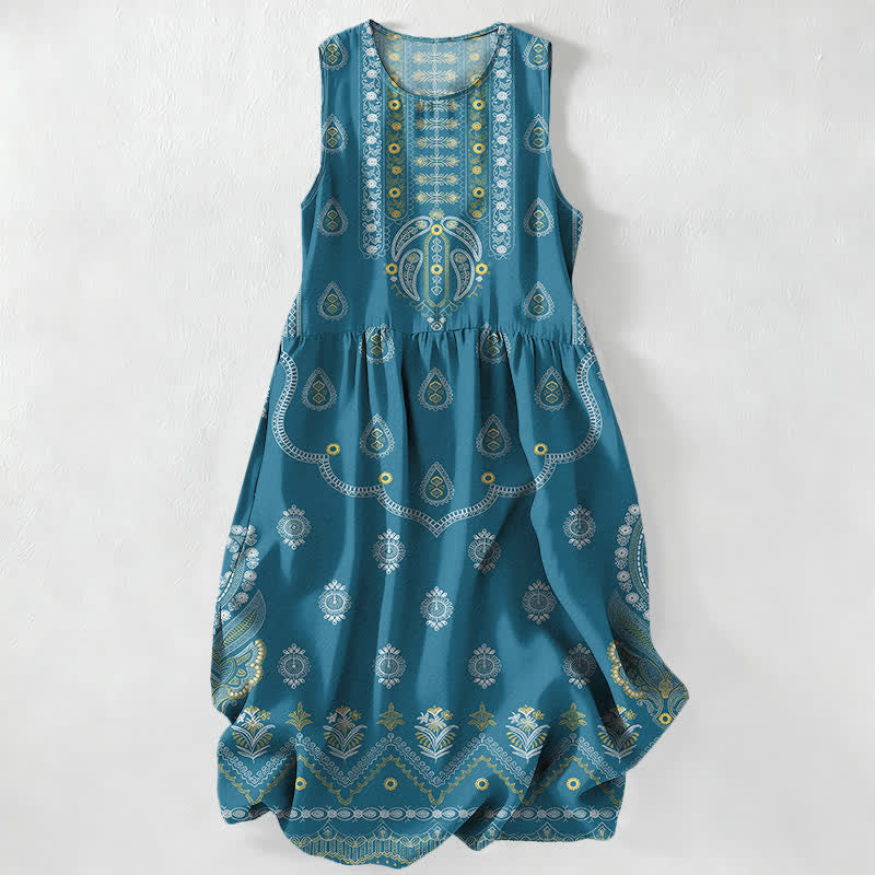 Buddha Stones Robe midi d'été décontractée bohème à motif cachemire médaillon, sans manches et avec poches, pour femme - Sarcelle - US16，UK/AU20，EU48 (3XL) - image 0