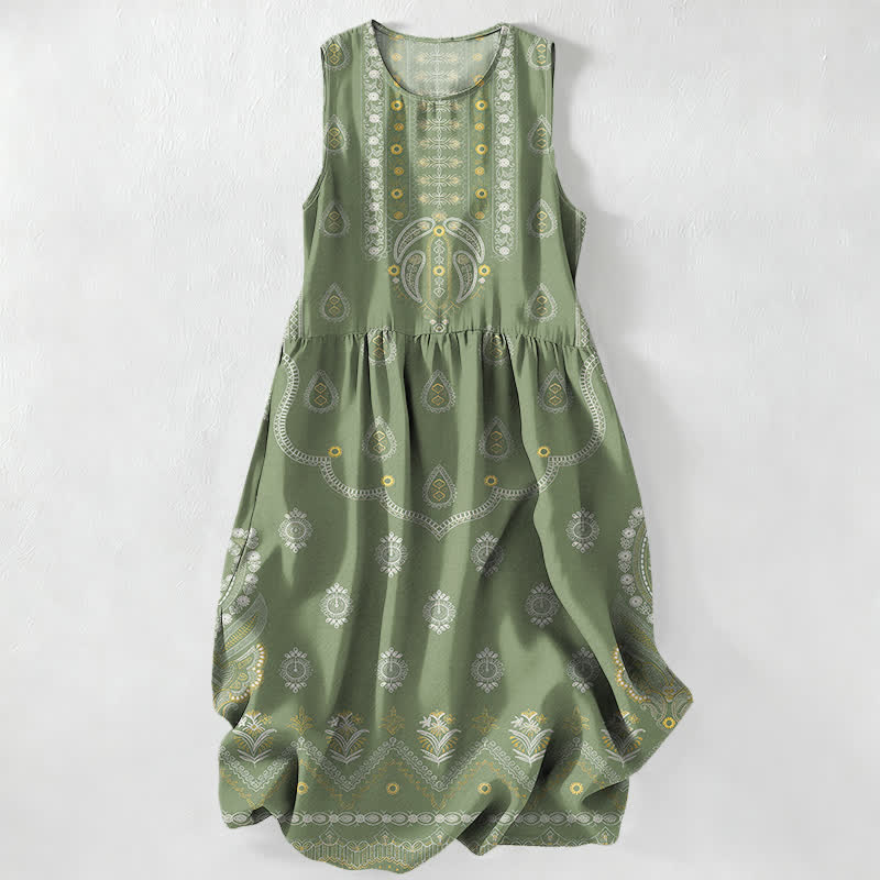 Buddha Stones Robe midi d'été décontractée bohème à motif cachemire médaillon, sans manches et avec poches, pour femme - Vert olive - US16，UK/AU20，EU48 (3XL) - image 4