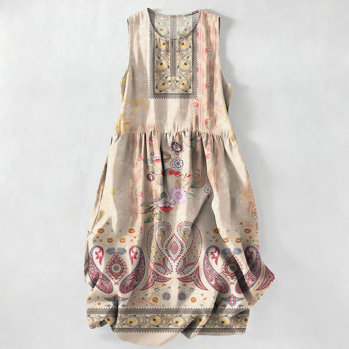 Buddha Stones Robe midi d'été décontractée et vintage pour femme, sans manches, à motifs floraux et feuilles, avec poches. - OldLace - US16，UK/AU20，EU48 (3XL) - image 0