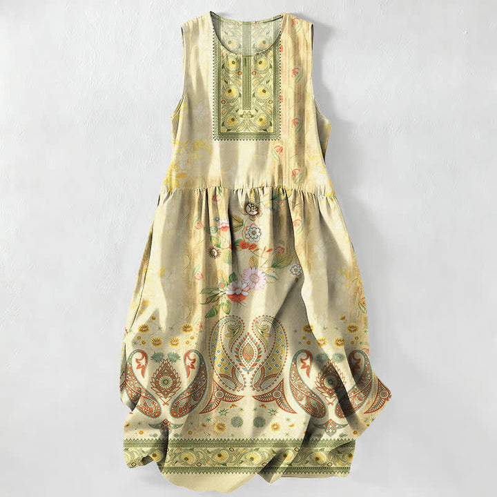 Buddha Stones Robe midi d'été décontractée et vintage pour femme, sans manches, à motifs floraux et feuilles, avec poches. - Jaune - US16，UK/AU20，EU48 (3XL) - image 4
