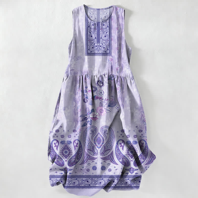 Buddha Stones Robe midi d'été décontractée et vintage pour femme, sans manches, à motifs floraux et feuilles, avec poches. - Bleu ardoise - US16，UK/AU20，EU48 (3XL) - image 5