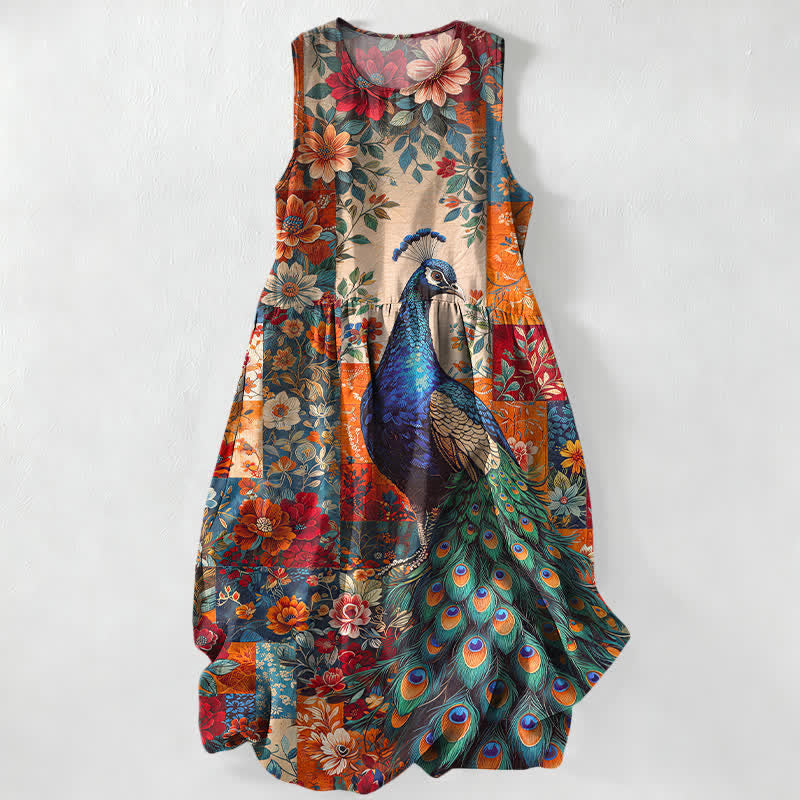 Buddha Stones Robe midi d'été décontractée pour femme, sans manches, à motif patchwork floral paon, avec poches - Corail - US16，UK/AU20，EU48 (3XL) - image 0