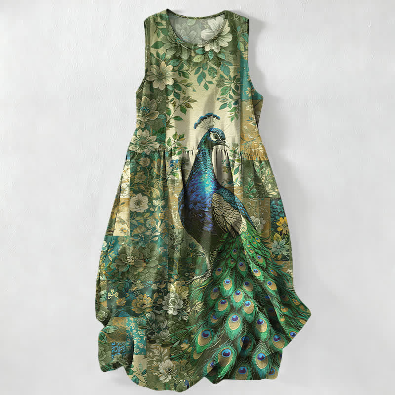 Buddha Stones Robe midi d'été décontractée pour femme, sans manches, à motif patchwork floral paon, avec poches - Vert olive - US16，UK/AU20，EU48 (3XL) - image 4