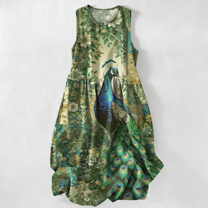 Buddha Stones Robe midi d'été décontractée pour femme, sans manches, à motif patchwork floral paon, avec poches - Vert olive - US16，UK/AU20，EU48 (3XL) - image 4