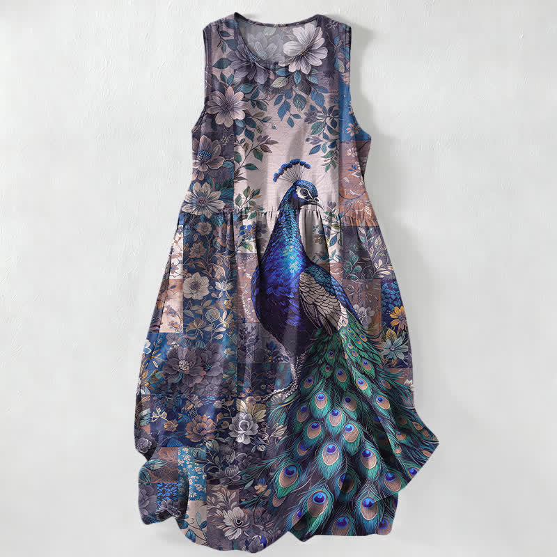 Buddha Stones Robe midi d'été décontractée pour femme, sans manches, à motif patchwork floral paon, avec poches - Violet moyen - US16，UK/AU20，EU48 (3XL) - image 5