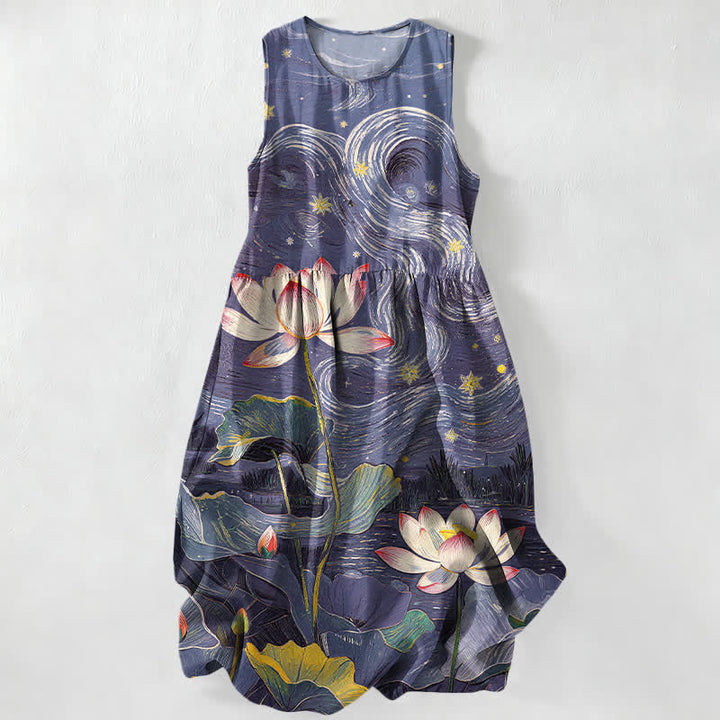 Buddha Stones Robe midi d'été décontractée pour femme, sans manches, à motif lotus tourbillonnant, avec poches - Indigo - US16，UK/AU20，EU48 (3XL) - image 4
