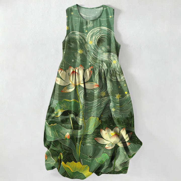 Buddha Stones Robe midi d'été décontractée pour femme, sans manches, à motif lotus tourbillonnant, avec poches - Vert d'eau - US16，UK/AU20，EU48 (3XL) - image 5
