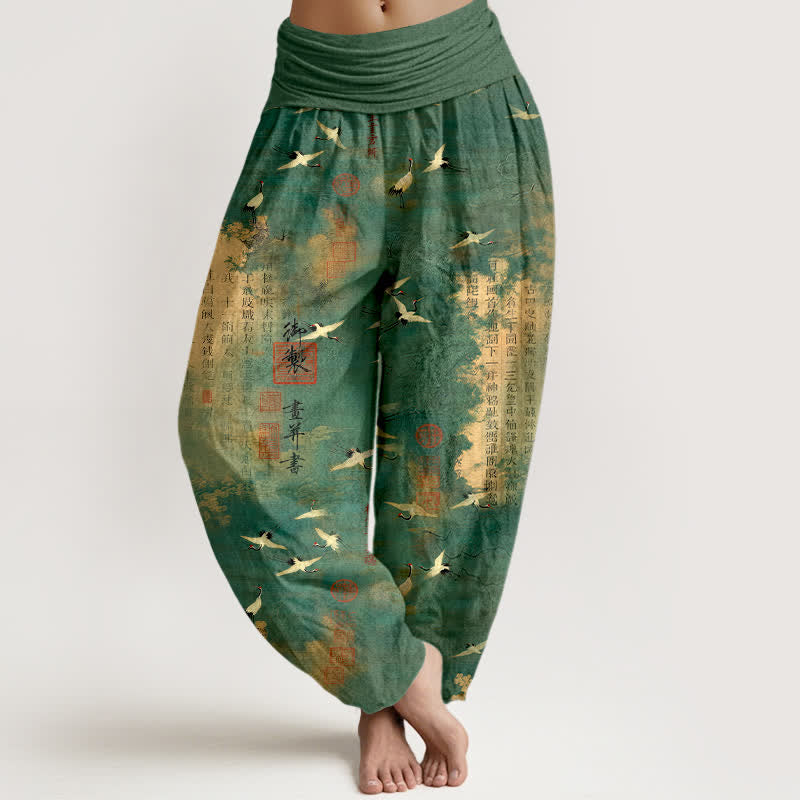Buddha Stones Pantalon harem pour femme en coton à motif calligraphique de grues dorées et taille élastique - Vert d'eau - US16，UK/AU20，EU48 (3XL) - image 0
