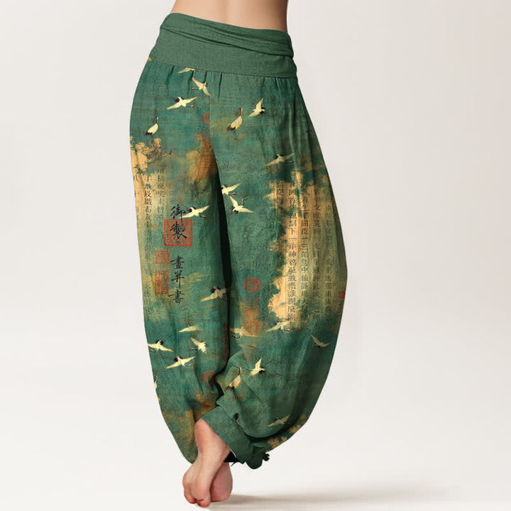 Buddha Stones Pantalon harem pour femme en coton à motif calligraphique de grues dorées et taille élastique - image 2