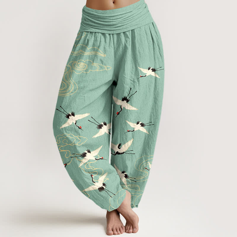 Buddha Stones Pantalon harem à taille élastique pour femme, motif grue volante en coton - Aigue-marine moyenne - US16，UK/AU20，EU48 (3XL) - image 0