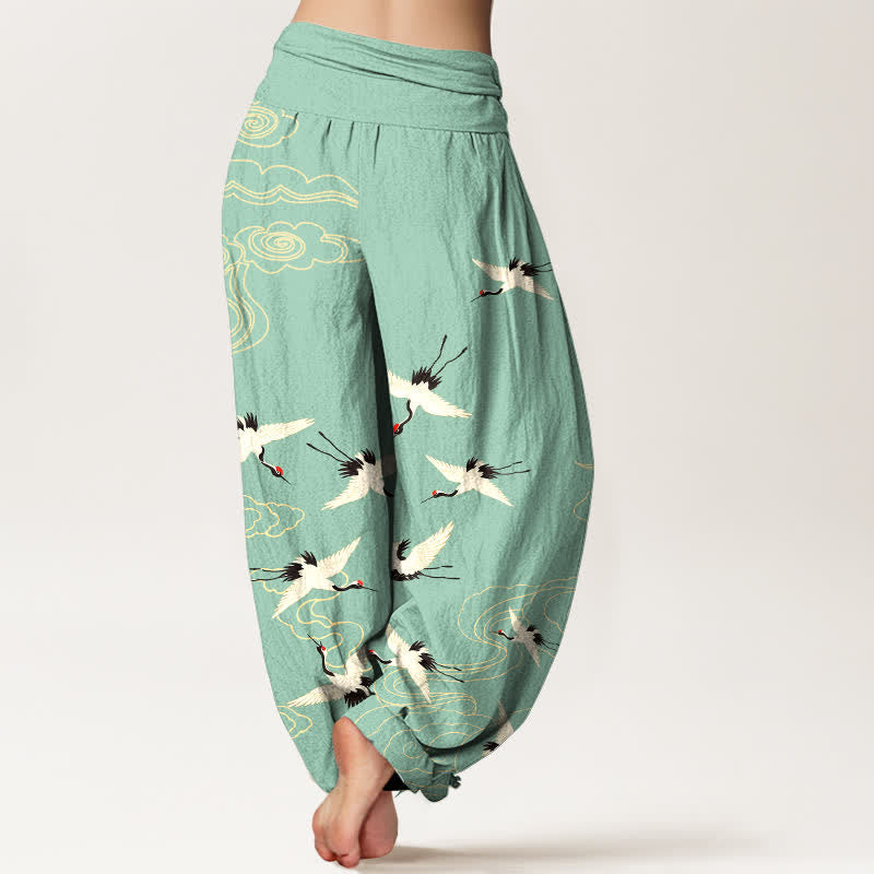 Buddha Stones Pantalon harem à taille élastique pour femme, motif grue volante en coton - image 2