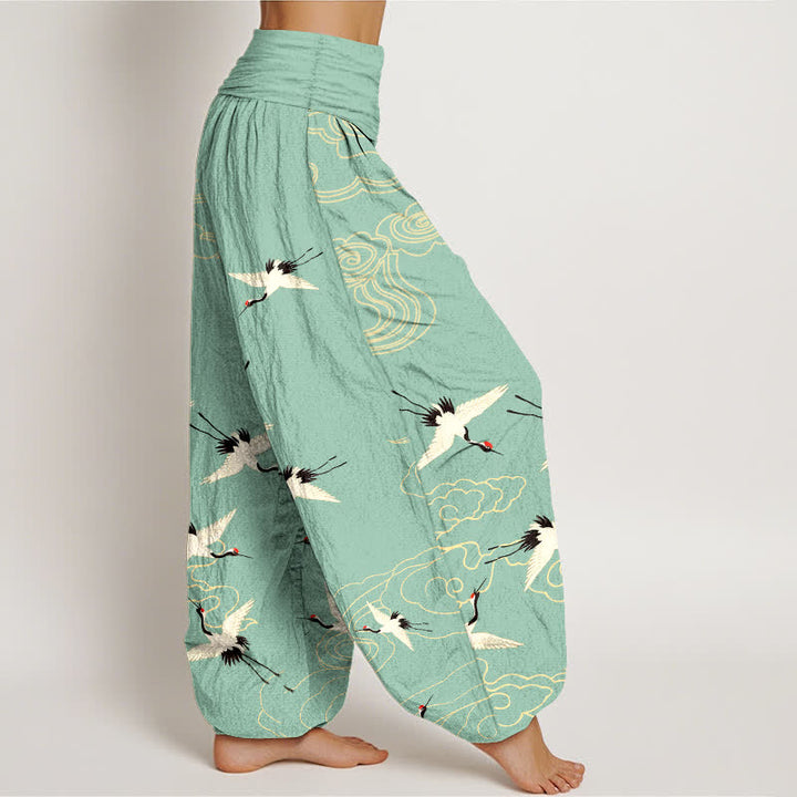Buddha Stones Pantalon harem à taille élastique pour femme, motif grue volante en coton - image 1
