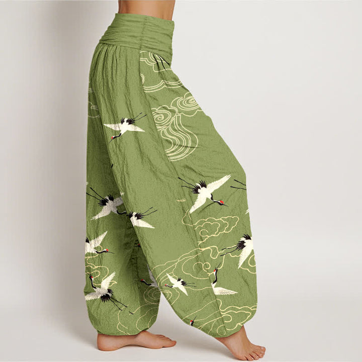 Buddha Stones Pantalon harem à taille élastique pour femme, motif grue volante en coton - image 6