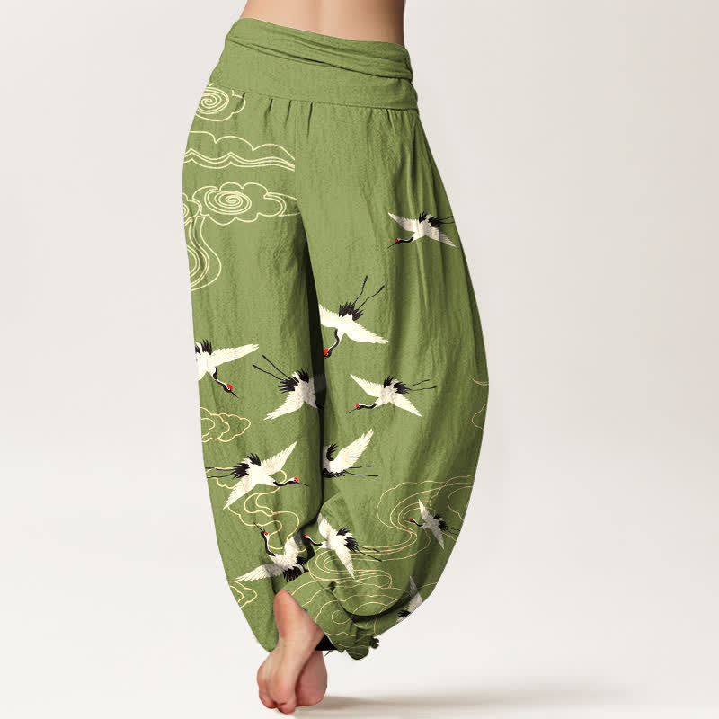 Buddha Stones Pantalon harem à taille élastique pour femme, motif grue volante en coton - image 7