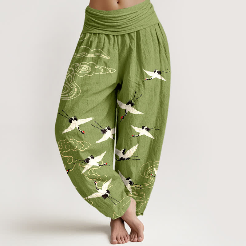 Buddha Stones Pantalon harem à taille élastique pour femme, motif grue volante en coton - Vert olive - US16，UK/AU20，EU48 (3XL) - image 5
