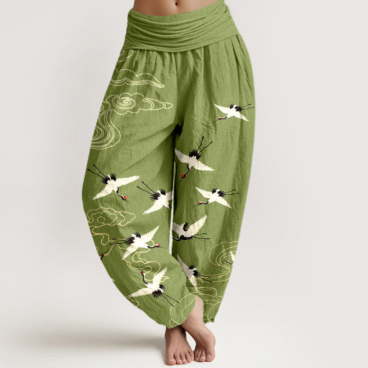 Buddha Stones Pantalon harem à taille élastique pour femme, motif grue volante en coton - Vert olive - US16，UK/AU20，EU48 (3XL) - image 5