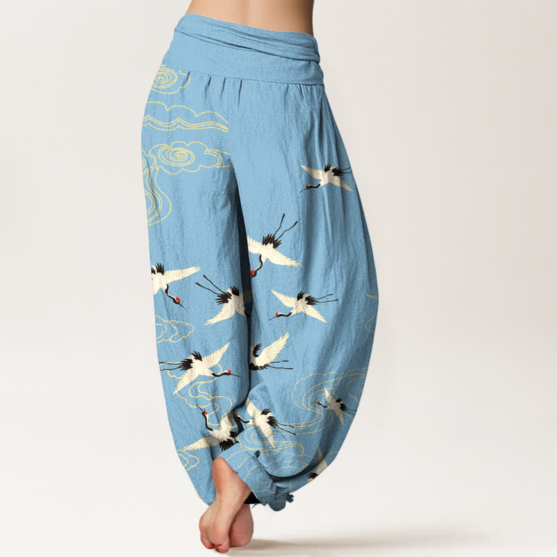 Buddha Stones Pantalon harem à taille élastique pour femme, motif grue volante en coton - image 10