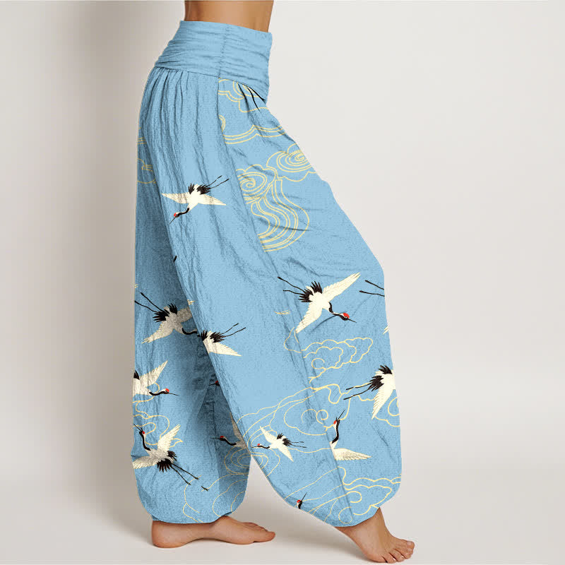 Buddha Stones Pantalon harem à taille élastique pour femme, motif grue volante en coton - image 9