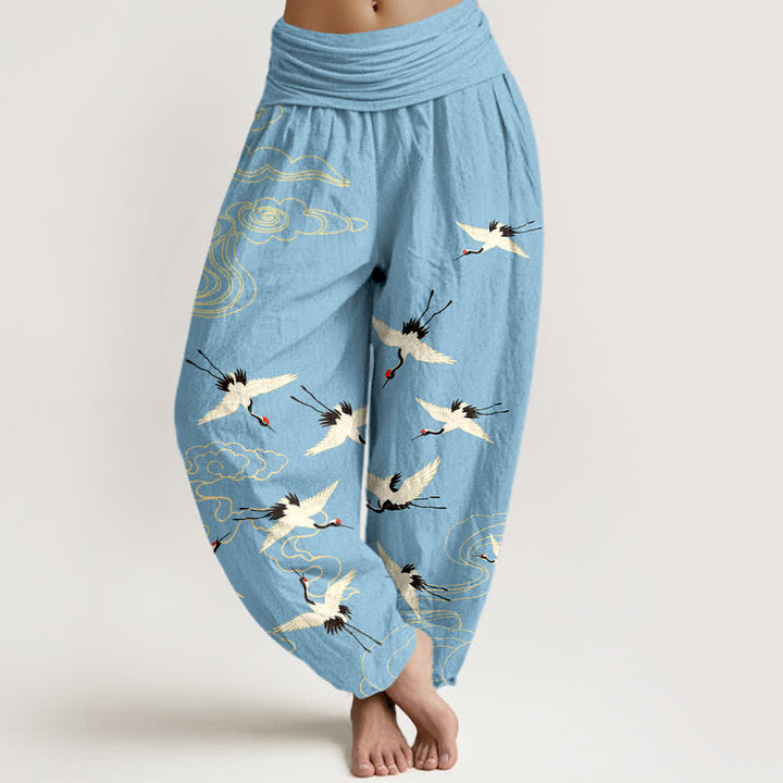 Buddha Stones Pantalon harem à taille élastique pour femme, motif grue volante en coton - Bleu ciel - US16，UK/AU20，EU48 (3XL) - image 8
