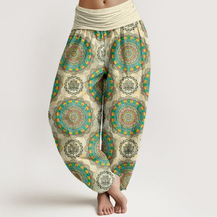 Buddha Stones Pantalon harem en coton à motif mandala bohème et taille élastique pour femme - Beige - US16，UK/AU20，EU48 (3XL) - image 0