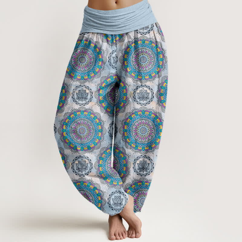 Buddha Stones Pantalon harem en coton à motif mandala bohème et taille élastique pour femme - Bleu ciel clair - US16，UK/AU20，EU48 (3XL) - image 5