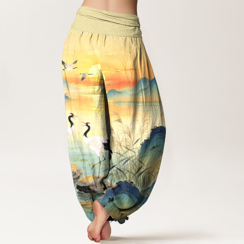 Buddha Stones Pantalon harem à taille élastique pour femme, motif grue de montagne au lever du soleil, en coton - image 2