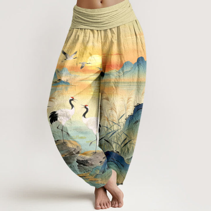 Buddha Stones Pantalon harem à taille élastique pour femme, motif grue de montagne au lever du soleil, en coton - LemonChiffon - US16，UK/AU20，EU48 (3XL) - image 0