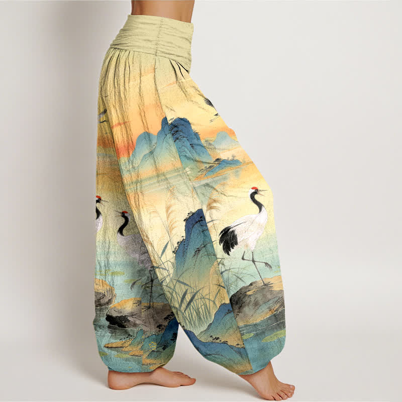 Buddha Stones Pantalon harem à taille élastique pour femme, motif grue de montagne au lever du soleil, en coton - image 1