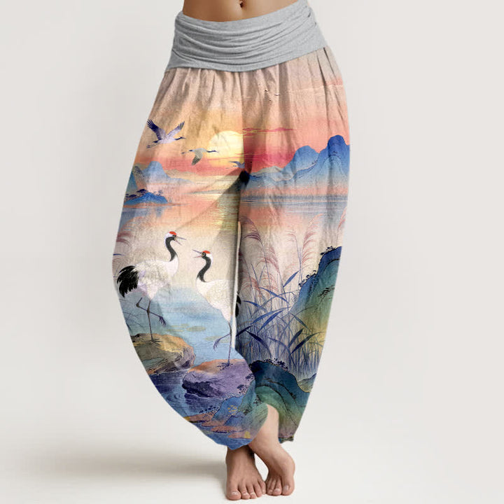 Buddha Stones Pantalon harem à taille élastique pour femme, motif grue de montagne au lever du soleil, en coton - Gris clair - US16，UK/AU20，EU48 (3XL) - image 5