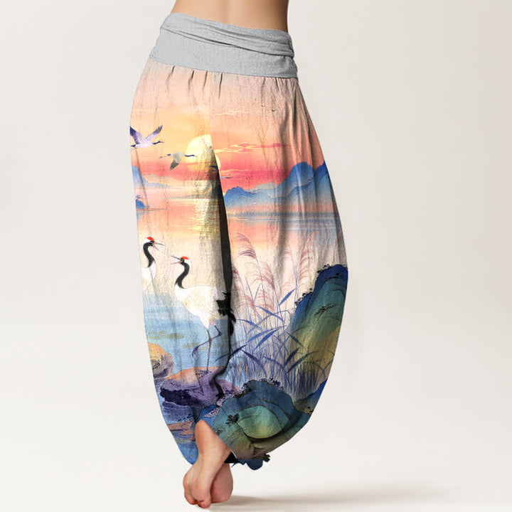 Buddha Stones Pantalon harem à taille élastique pour femme, motif grue de montagne au lever du soleil, en coton - image 7
