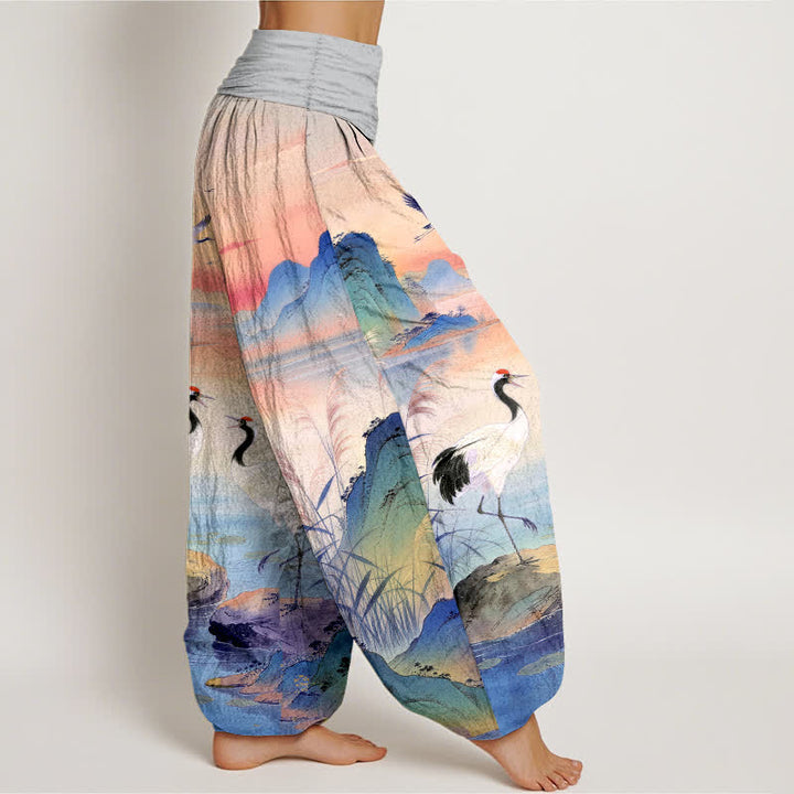 Buddha Stones Pantalon harem à taille élastique pour femme, motif grue de montagne au lever du soleil, en coton - image 6