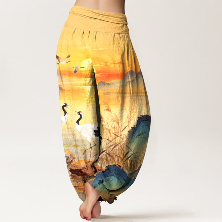 Buddha Stones Pantalon harem à taille élastique pour femme, motif grue de montagne au lever du soleil, en coton - image 10