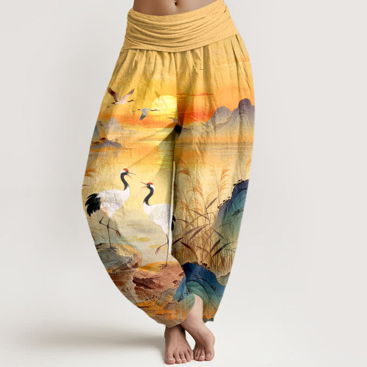 Buddha Stones Pantalon harem à taille élastique pour femme, motif grue de montagne au lever du soleil, en coton - Or - US16，UK/AU20，EU48 (3XL) - image 8