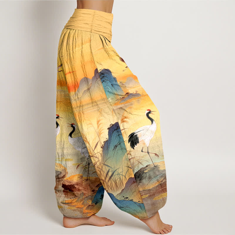 Buddha Stones Pantalon harem à taille élastique pour femme, motif grue de montagne au lever du soleil, en coton - image 9