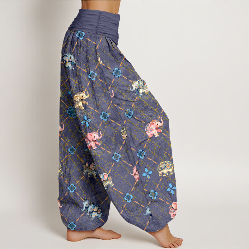Buddha Stones Pantalon harem à taille élastique pour femme, motif floral éléphant en coton - image 1