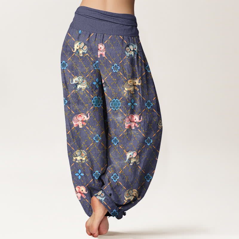 Buddha Stones Pantalon harem à taille élastique pour femme, motif floral éléphant en coton - image 2