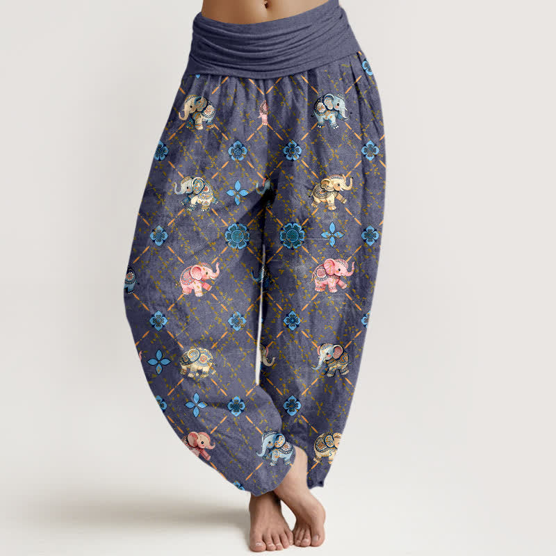 Buddha Stones Pantalon harem à taille élastique pour femme, motif floral éléphant en coton - Bleu ardoise - US16，UK/AU20，EU48 (3XL) - image 0