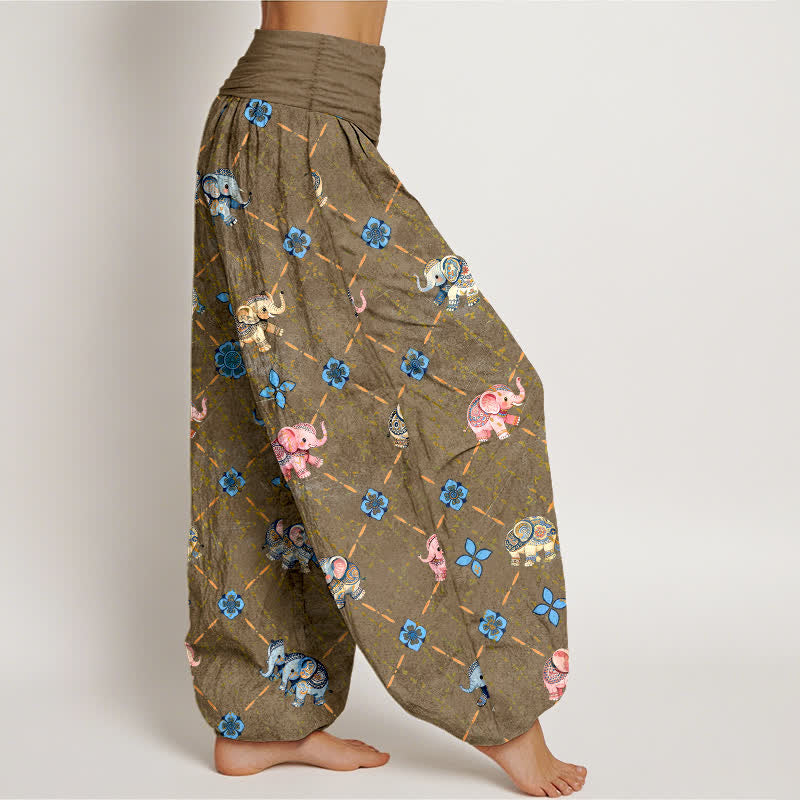 Buddha Stones Pantalon harem à taille élastique pour femme, motif floral éléphant en coton - image 6
