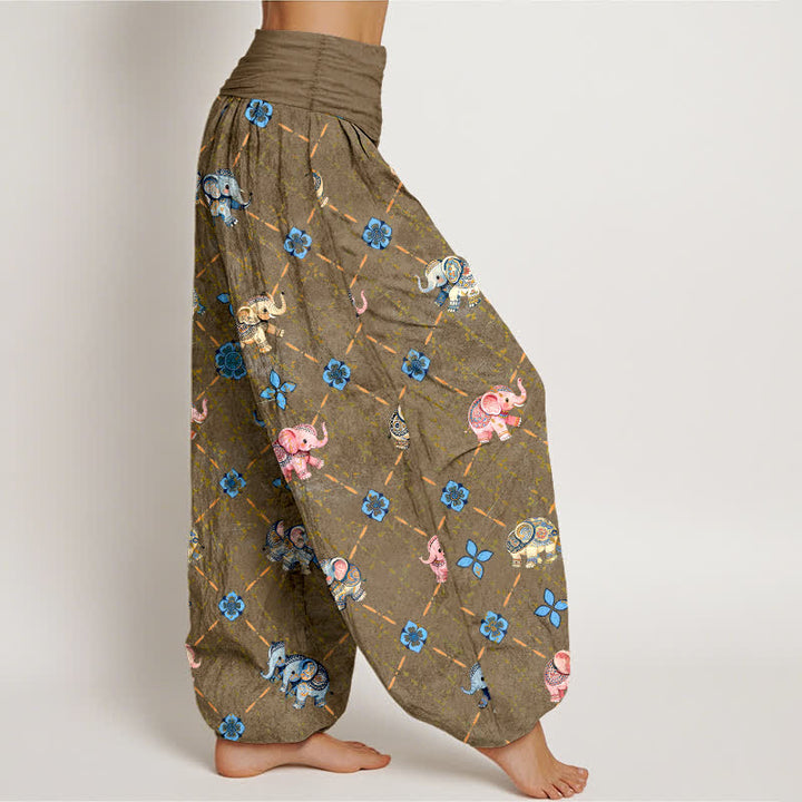 Buddha Stones Pantalon harem à taille élastique pour femme, motif floral éléphant en coton - image 6
