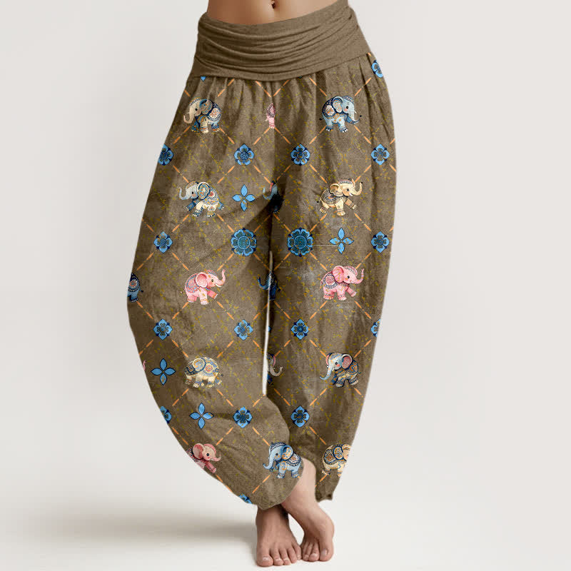 Buddha Stones Pantalon harem à taille élastique pour femme, motif floral éléphant en coton - DarkGoldenrod - US16，UK/AU20，EU48 (3XL) - image 5