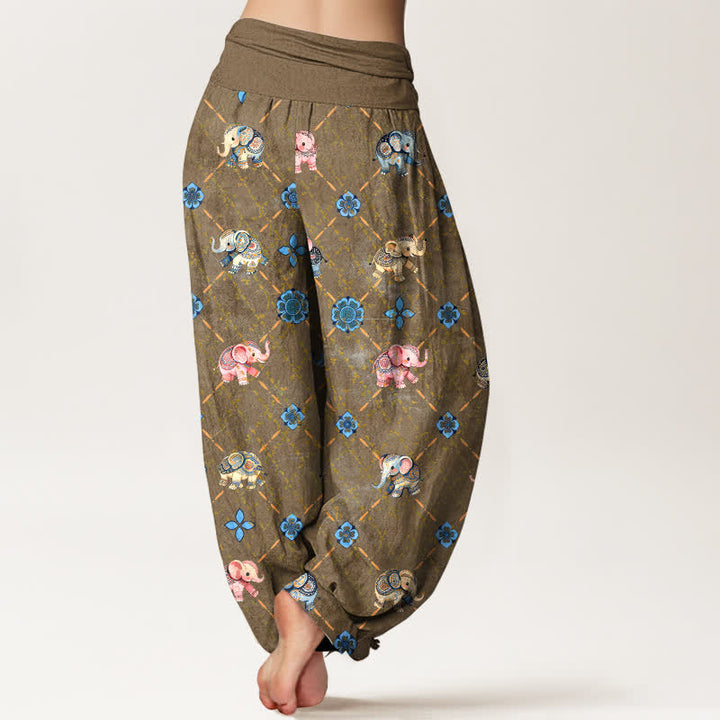 Buddha Stones Pantalon harem à taille élastique pour femme, motif floral éléphant en coton - image 7