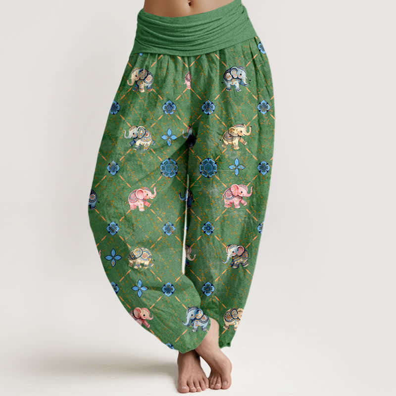 Buddha Stones Pantalon harem à taille élastique pour femme, motif floral éléphant en coton - Vert - US16，UK/AU20，EU48 (3XL) - image 8