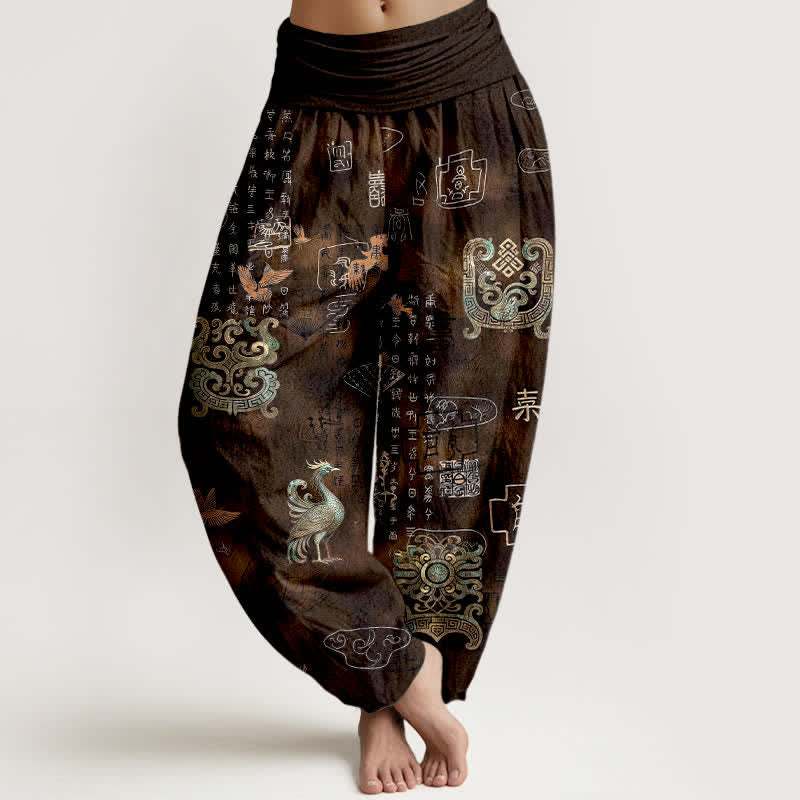 Buddha Stones Pantalon harem à taille élastique pour femme, en coton, motif nuage de phénix - SaddleBrown - US16，UK/AU20，EU48 (3XL) - image 0