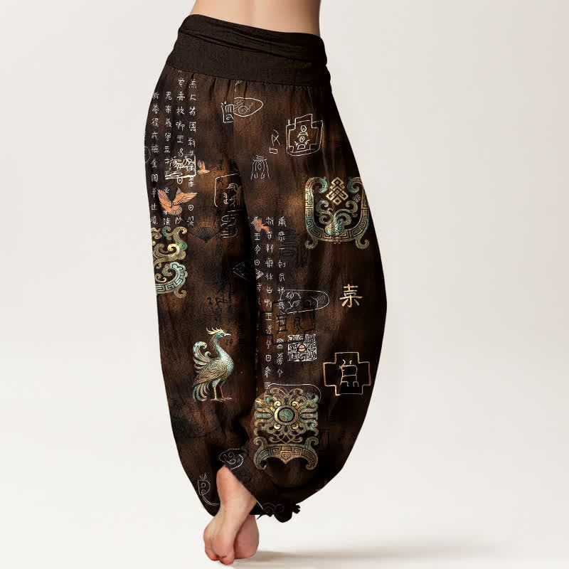 Buddha Stones Pantalon harem à taille élastique pour femme, en coton, motif nuage de phénix - image 2